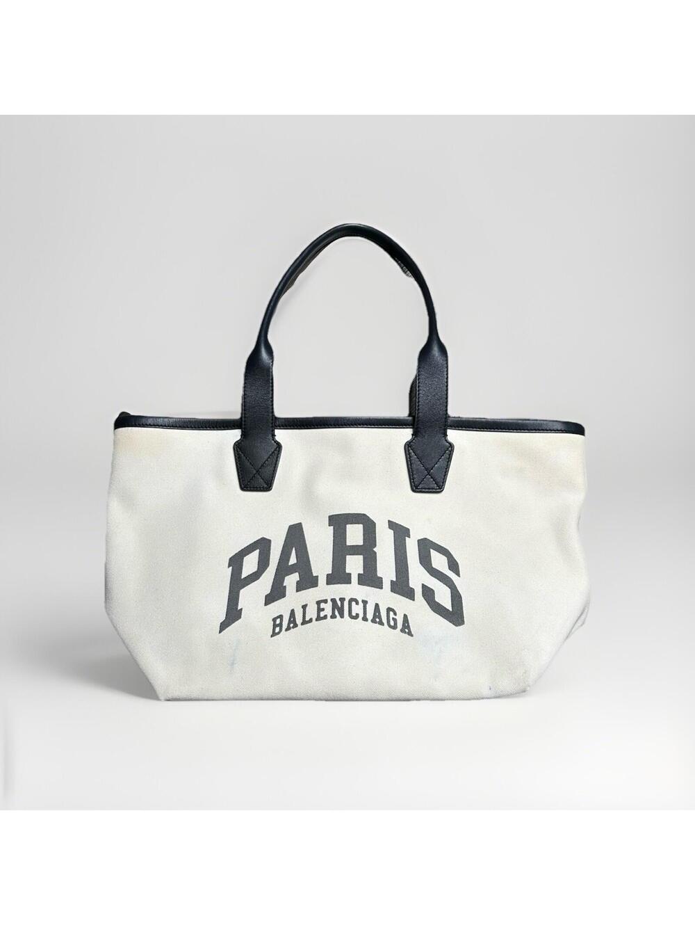 Balenciaga Tote Bag Cities Paris White Black Canvas Leather Used Authentic